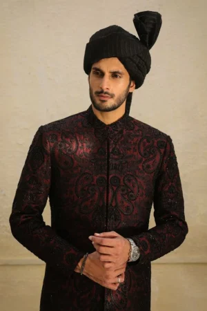 Black & Maroon Embroidered Royal Sherwani Set