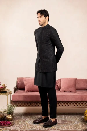 Black Textured Embroidered Prince Coat