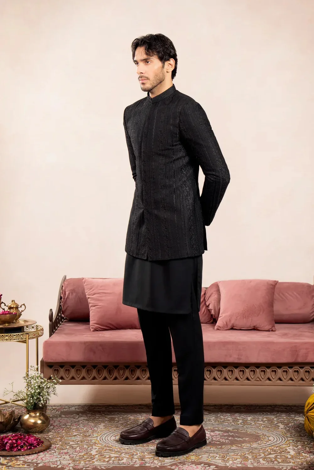 Black Textured Embroidered Prince Coat