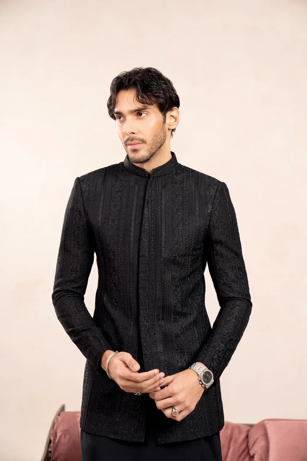 Black Textured Embroidered Prince Coat - Image 2