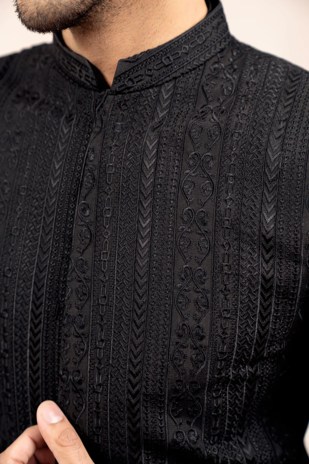 Black Textured Embroidered Prince Coat - Image 3